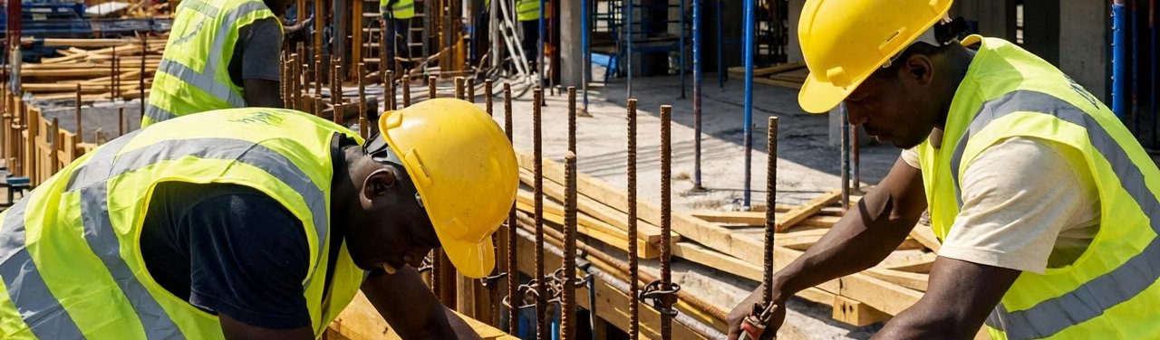 Building construction site with formwork crew