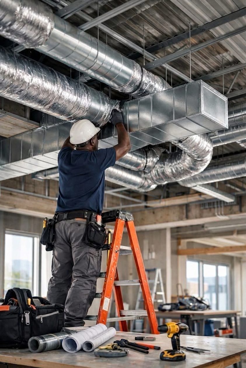 Kamili technician installing HVAC ductwork